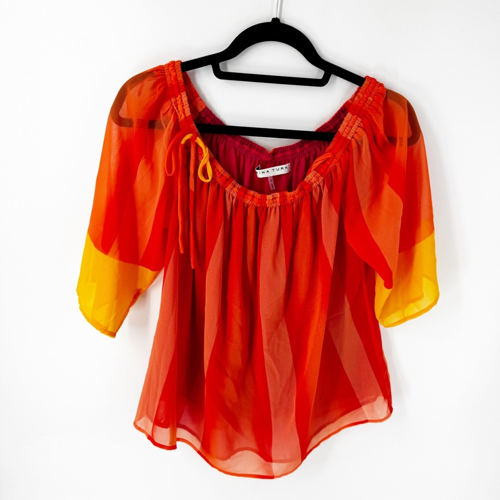 Trina Turk‎ Los Angeles Sunset Chiffon Off Shoulder Blouse Red Orange Yellow S